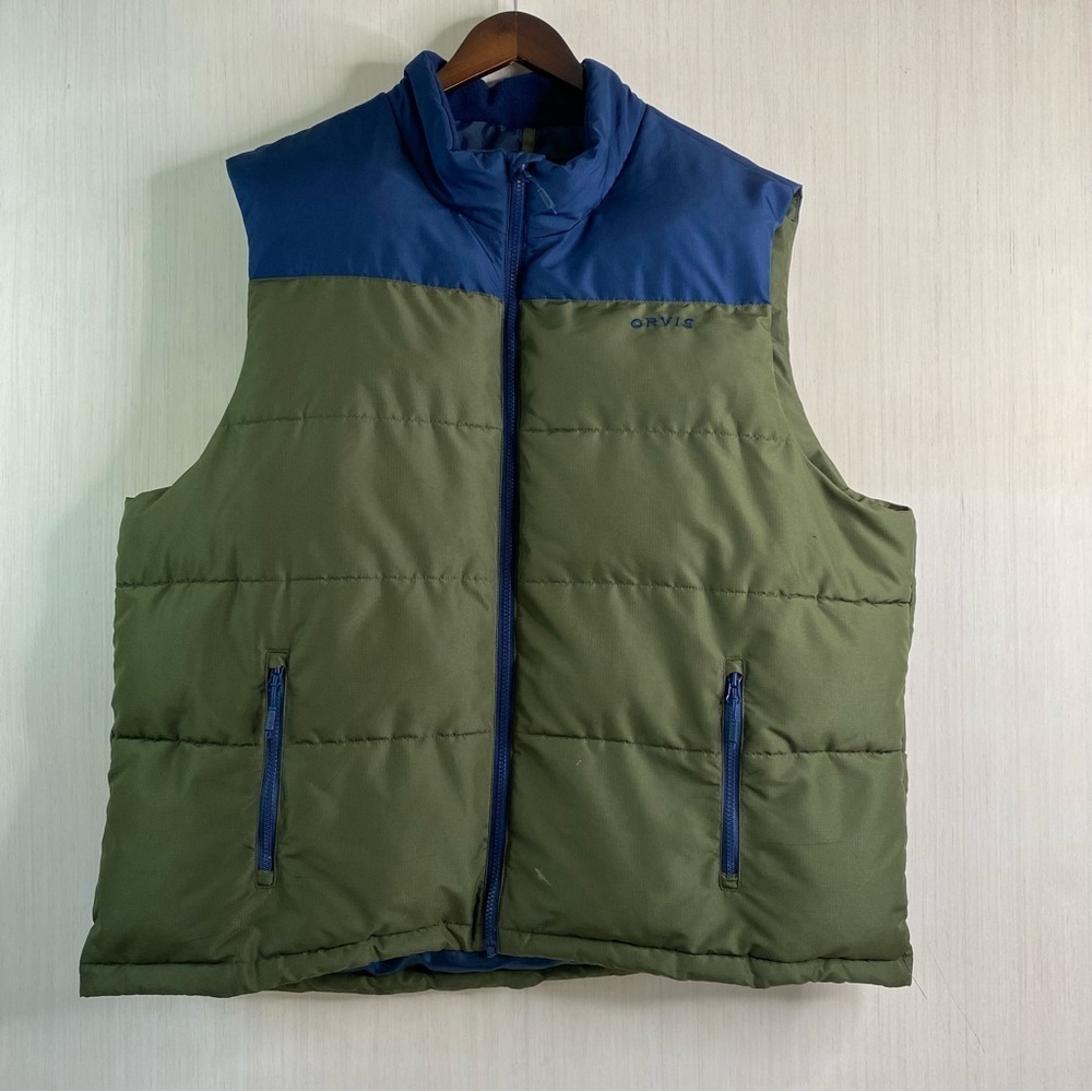 Orvis Men's Ripstop Full Zip Puffer Vest Pockets Blue/Green XXL (FLAWS)